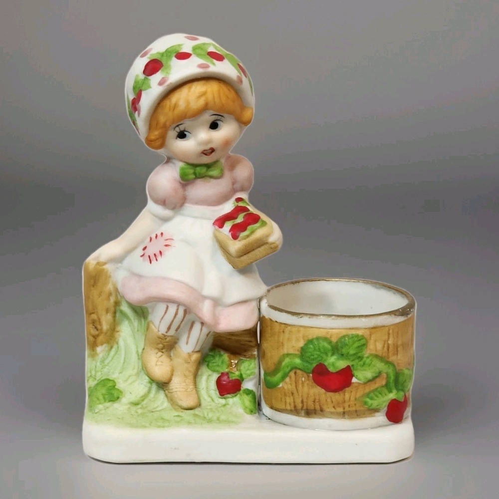 Vintage 1980 Strawberry Patches Porcelain Candle Holder‎ Hand Painted Jasco Cute